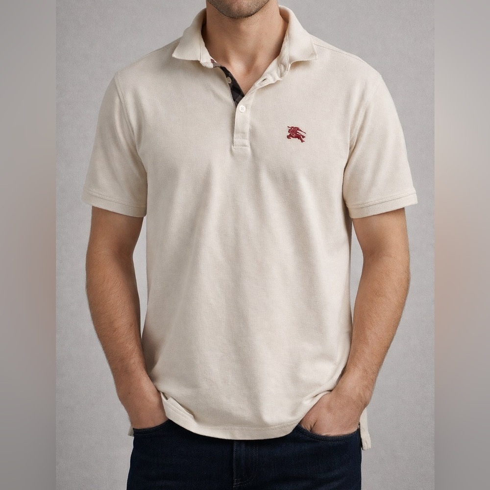 Burberry Brit Polo Shirt Mens Small Beige Nova Check Trim Red Logo Cotton